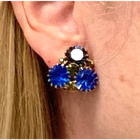 Vintage clip on earrings retro mid century blue & green rhinestones goldtone - Picture 6 of 6